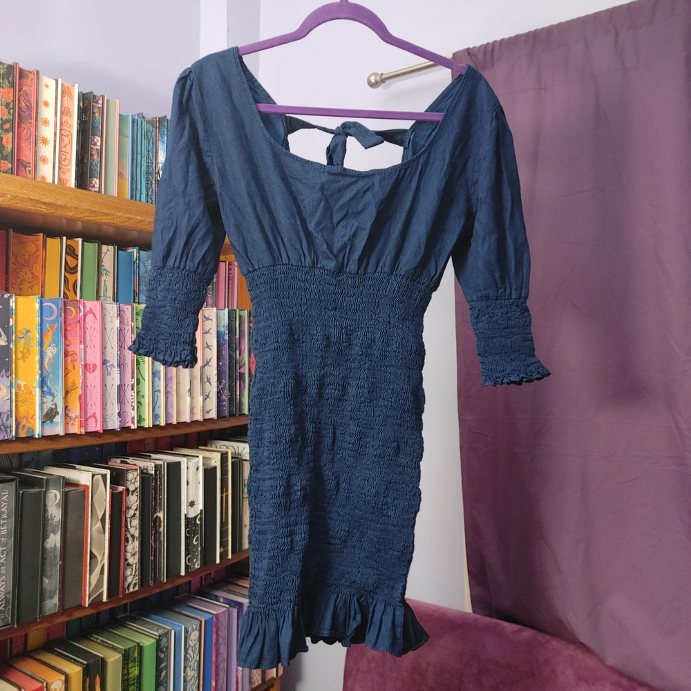 Navy Blue Smocked Bodice Mini Dress - Tie Back Puff Sleeve